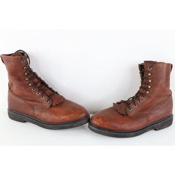 Vintage 90s Streetwear Mens 10 EE Tribal Fringed Leather Tall Logger Boots Brown main image 6